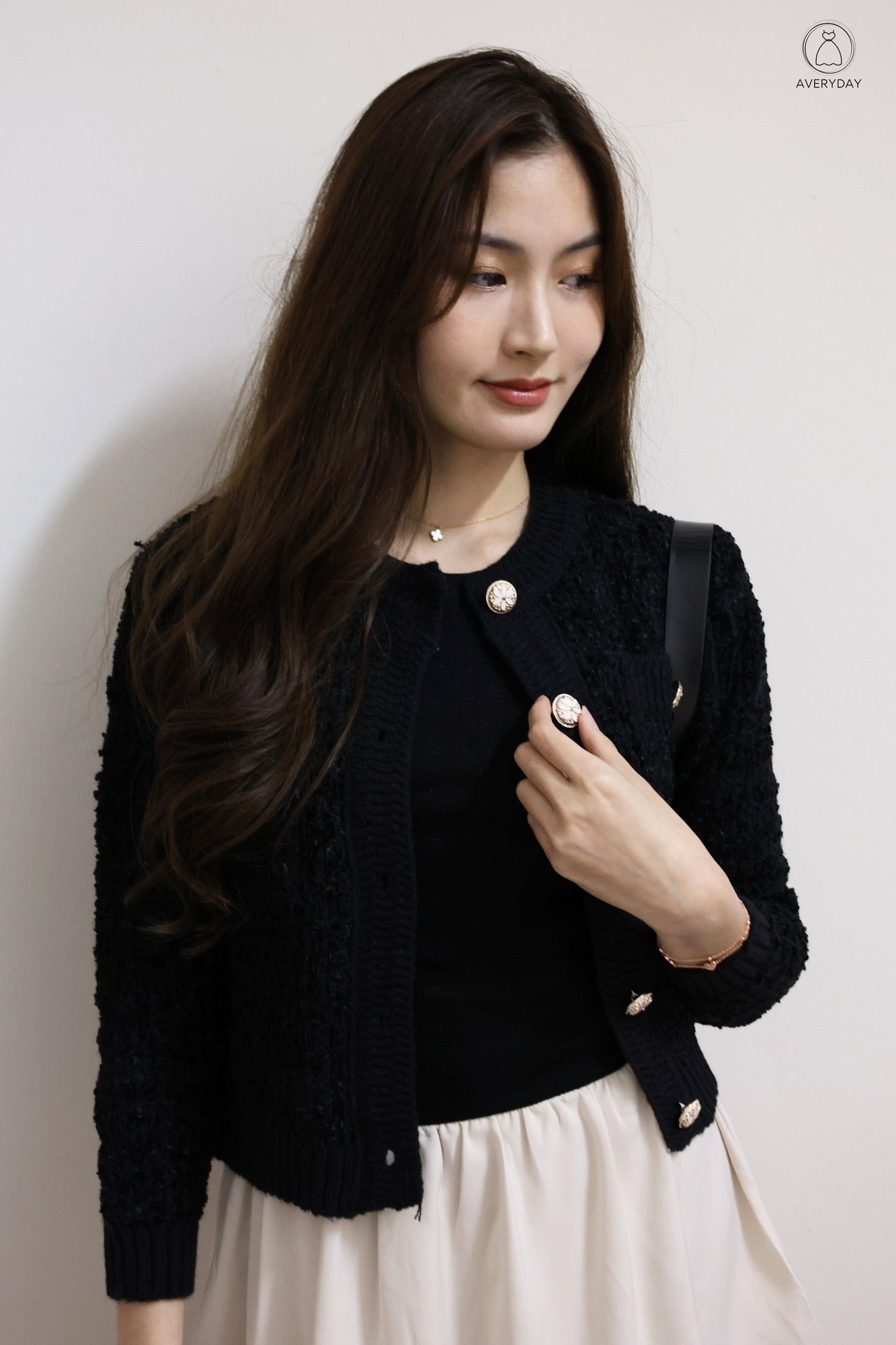 *Premium* Chenise Floral Button Glitter Knit Cardigan In Black