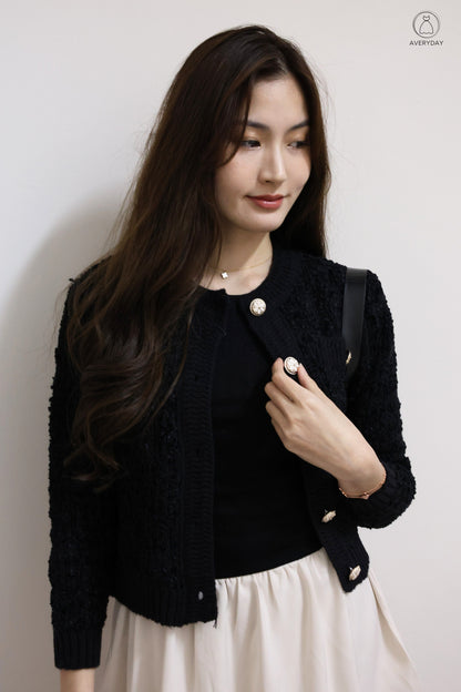 *Premium* Chenise Floral Button Glitter Knit Cardigan In Black