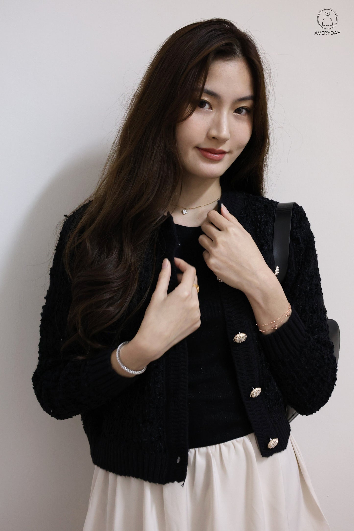 *Premium* Chenise Floral Button Glitter Knit Cardigan In Black