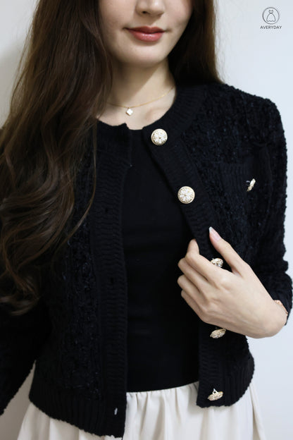*Premium* Chenise Floral Button Glitter Knit Cardigan In Black