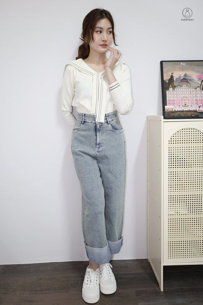 Tayler Nautical Tie Front Knit Top In Cream