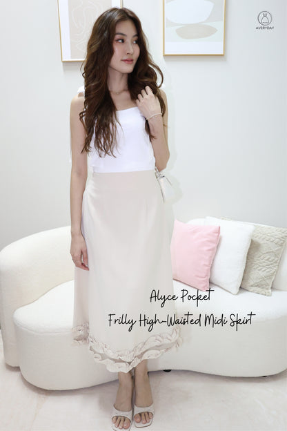 Alyce Pocket Frilly High-Waisted Midi Skirt In Cream