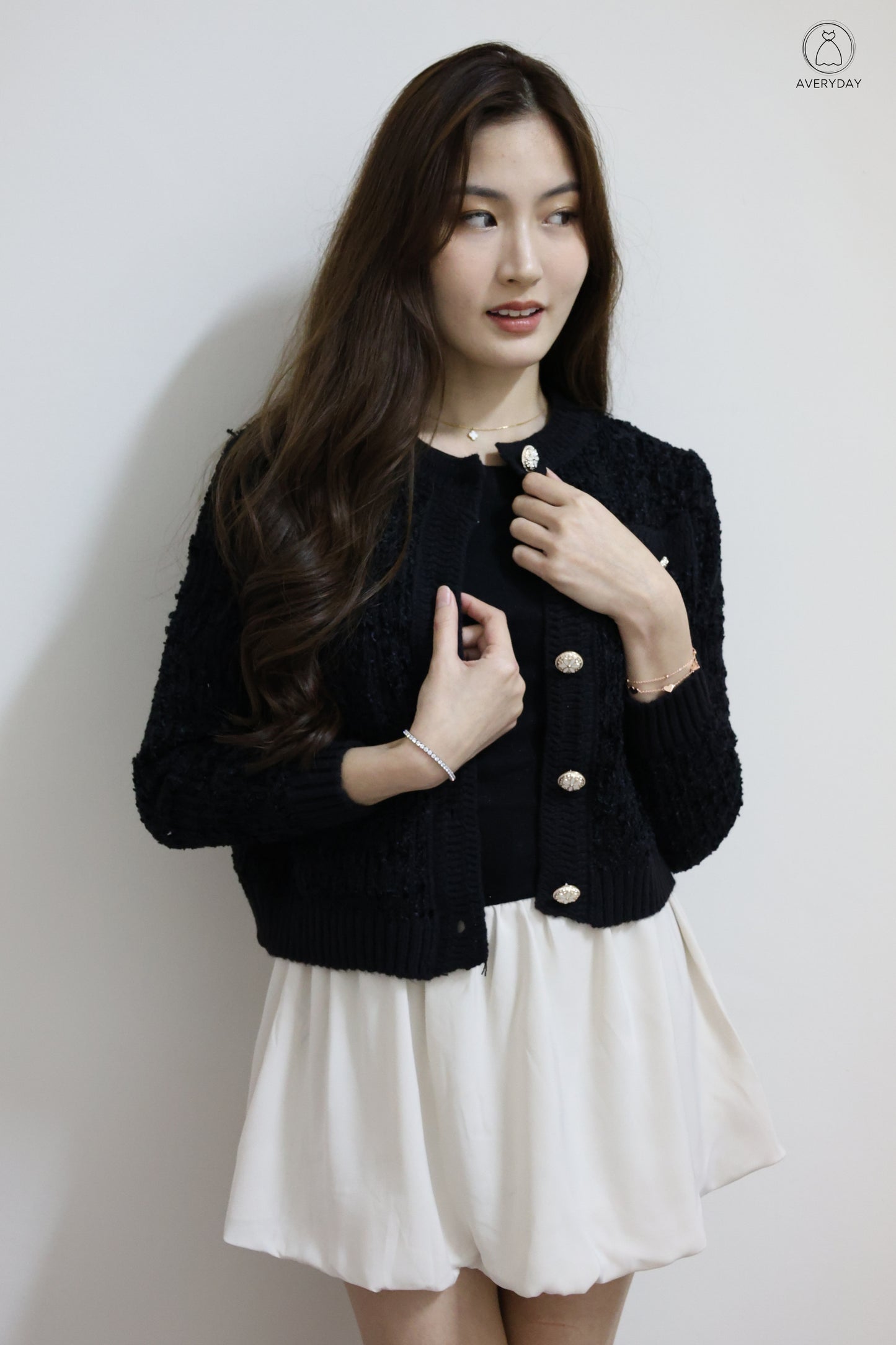 *Premium* Chenise Floral Button Glitter Knit Cardigan In Black