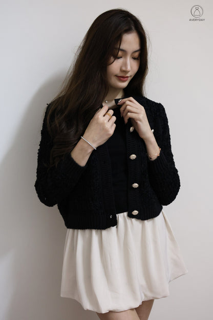 *Premium* Chenise Floral Button Glitter Knit Cardigan In Black