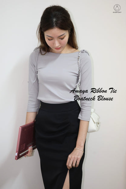 Amaya Ribbon Tie Boatneck Blouse In Grey