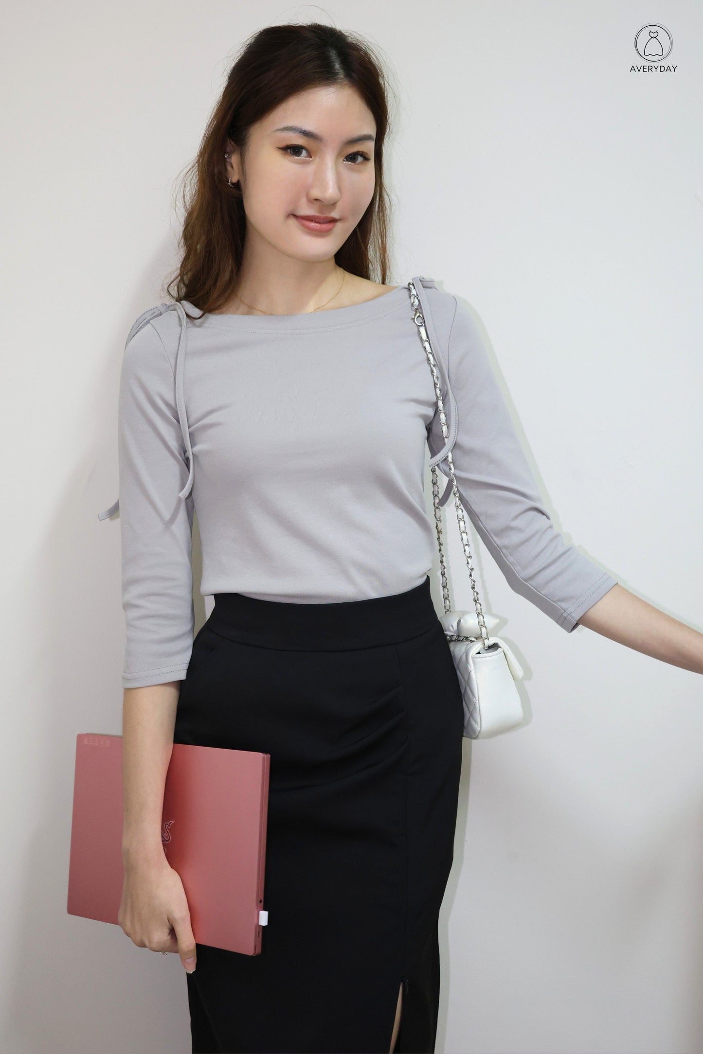 Amaya Ribbon Tie Boatneck Blouse In Grey
