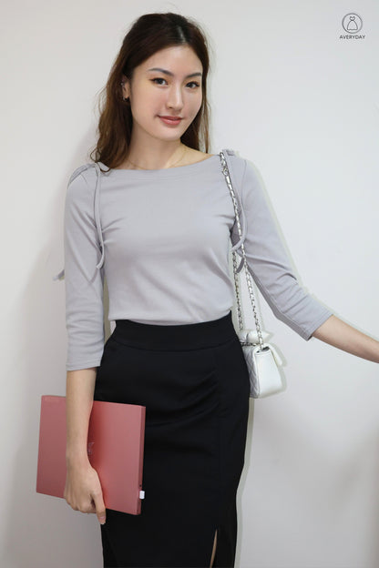 Amaya Ribbon Tie Boatneck Blouse In Grey