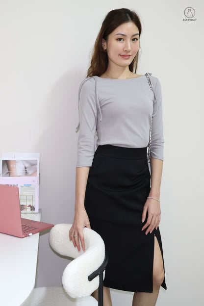 Amaya Ribbon Tie Boatneck Blouse In Grey