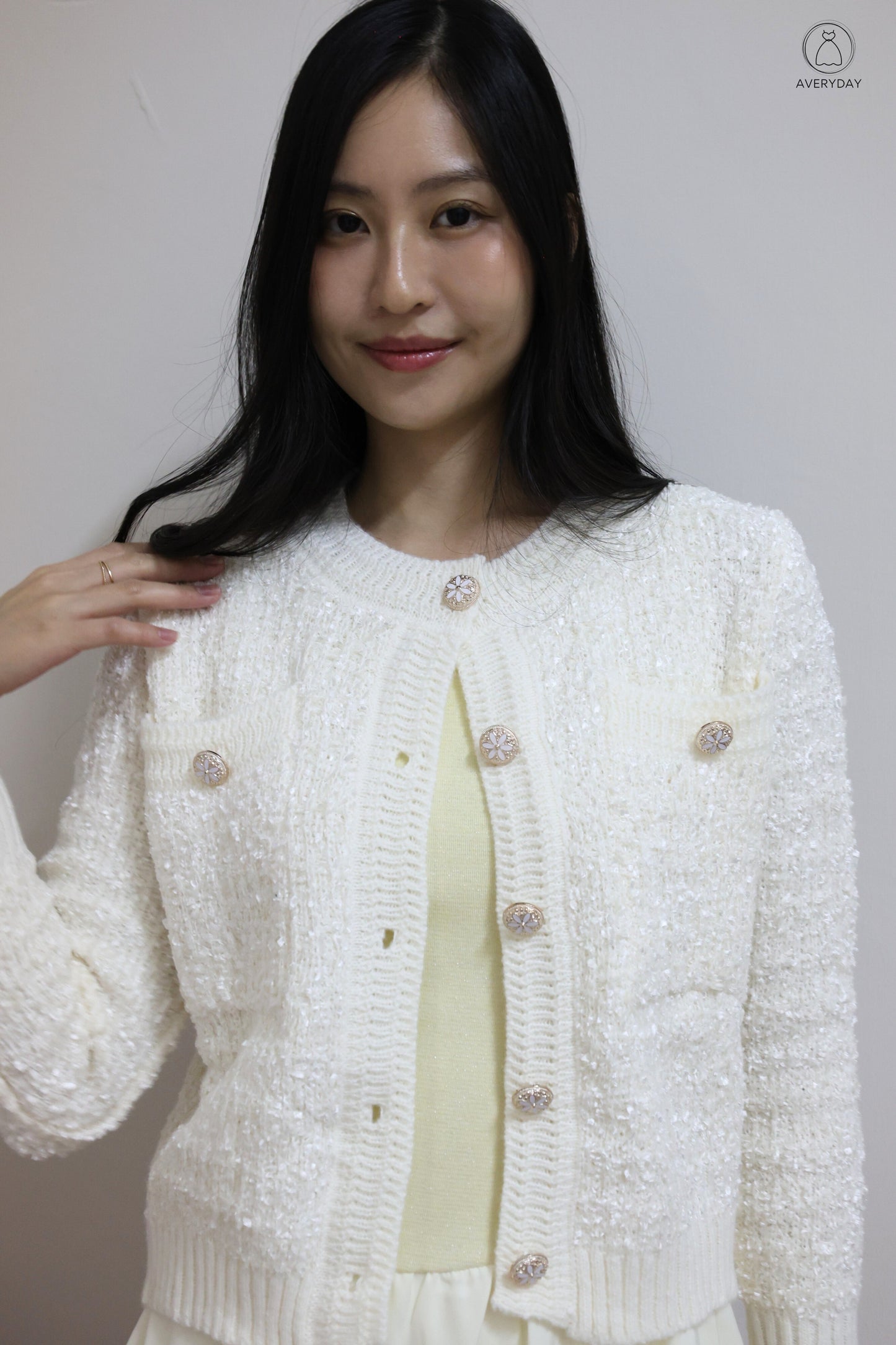 *Premium* Chenise Floral Button Glitter Knit Cardigan In Off White