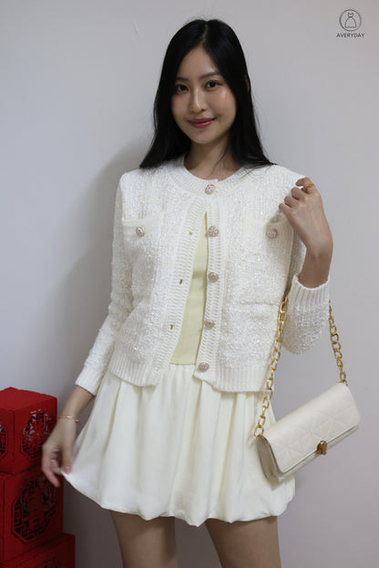 *Premium* Chenise Floral Button Glitter Knit Cardigan In Off White