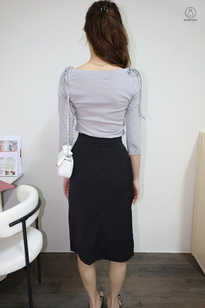 Amaya Ribbon Tie Boatneck Blouse In Grey