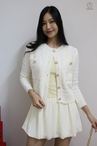 *Premium* Chenise Floral Button Glitter Knit Cardigan In Off White