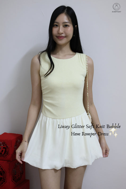 Linsey Glitter Soft Knit Bubble Hem Romper Dress In Butter Cream