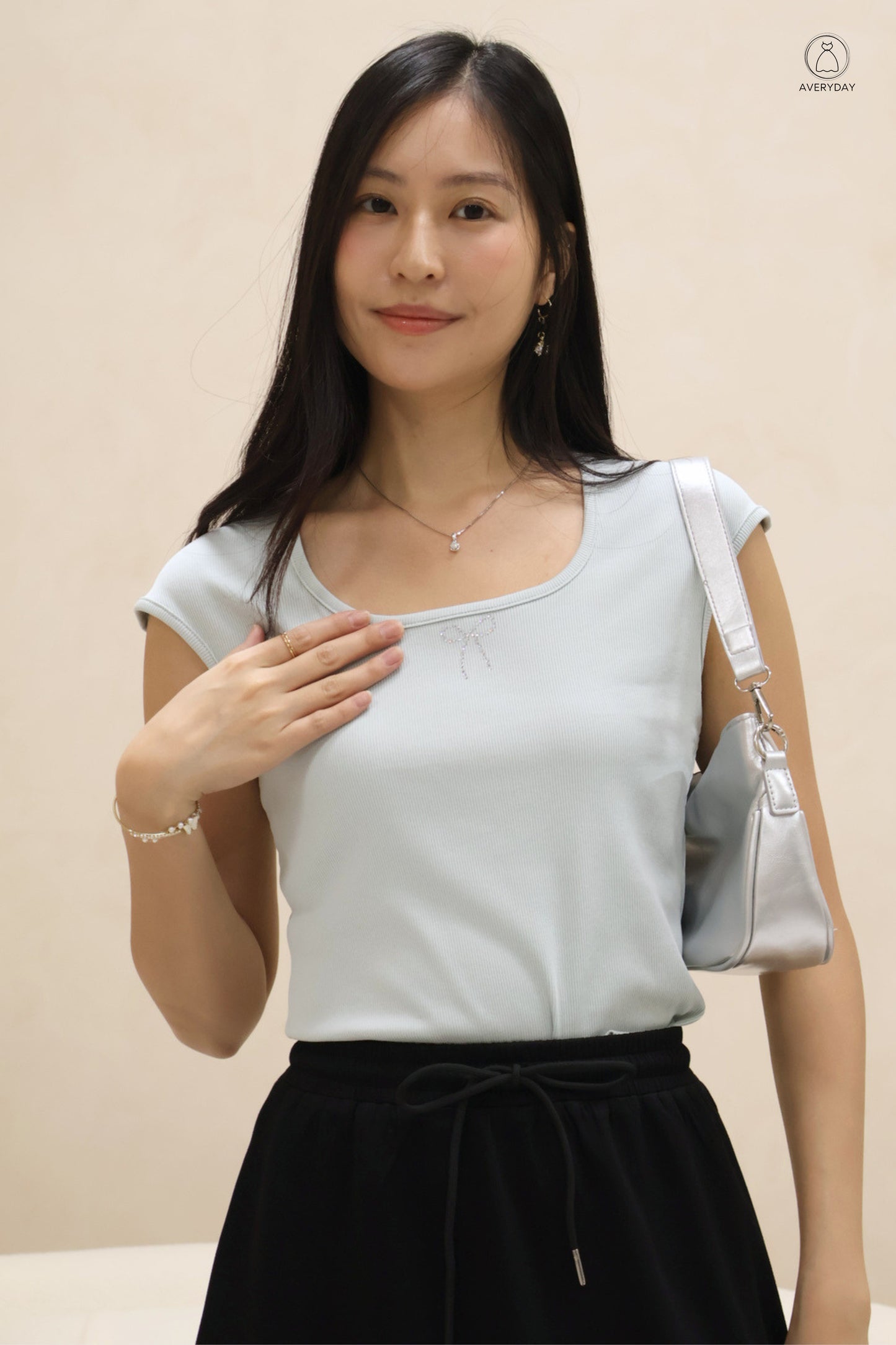 Mara Rhinestone Rib Ribbon Top in Seafoam