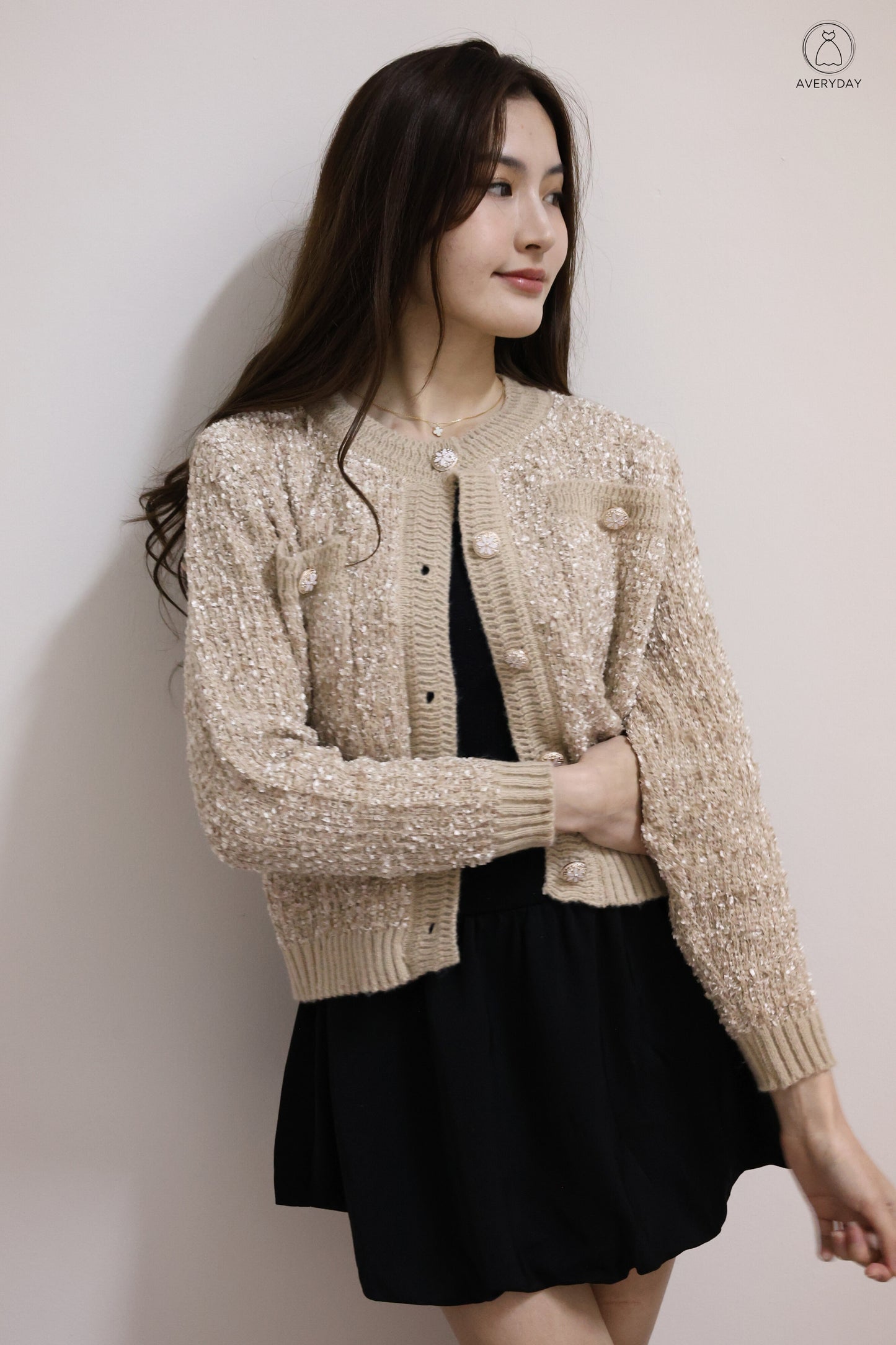 *Premium* Chenise Floral Button Glitter Knit Cardigan In Toffee
