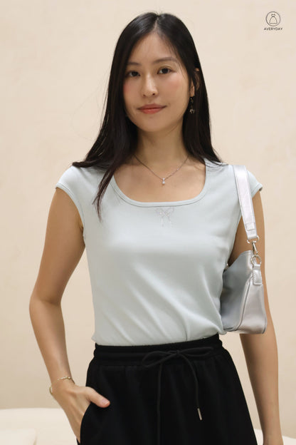 Mara Rhinestone Rib Ribbon Top in Seafoam