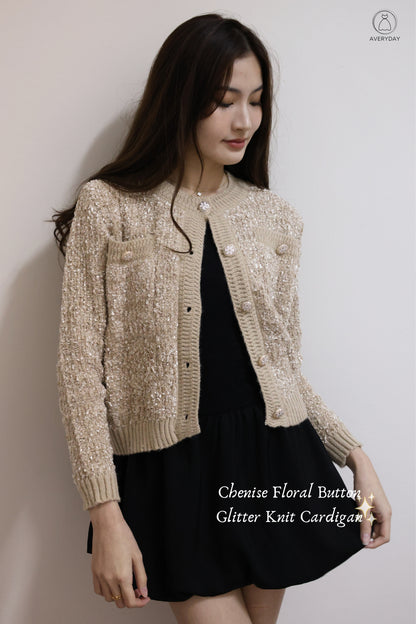 *Premium* Chenise Floral Button Glitter Knit Cardigan In Toffee