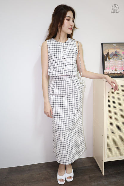 *Premium* Audette Tweed Pearl Button Midi Skirt Co-Ords In White