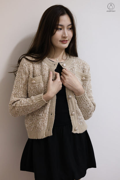 *Premium* Chenise Floral Button Glitter Knit Cardigan In Toffee