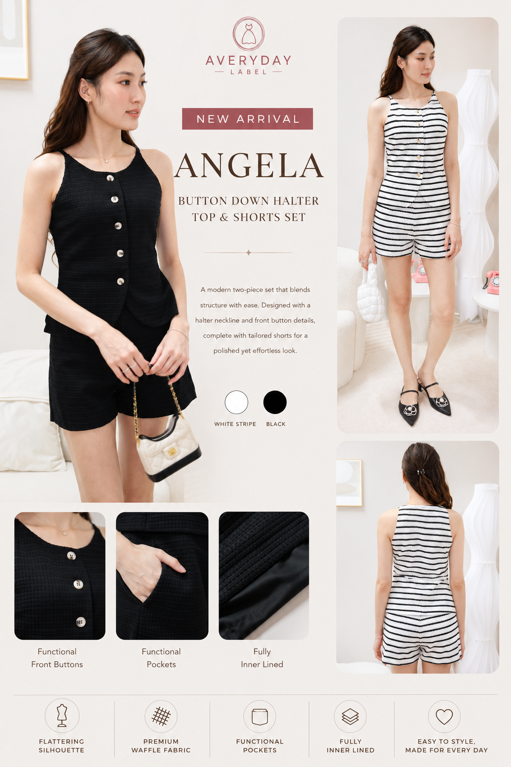 Angela Button Down Halter Top & Shorts Set In Black