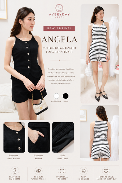 Angela Button Down Halter Top & Shorts Set In Black