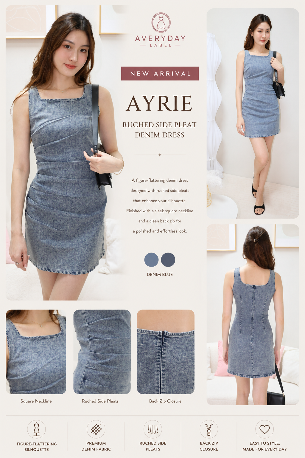 Ayrie Ruched Side Pleat Denim Dress In Grey Wash