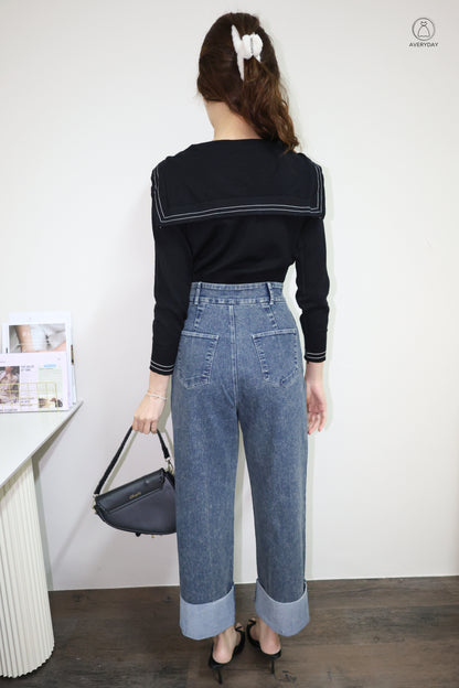 Lindy Washed Denim Cuffed Jeans (Dark)