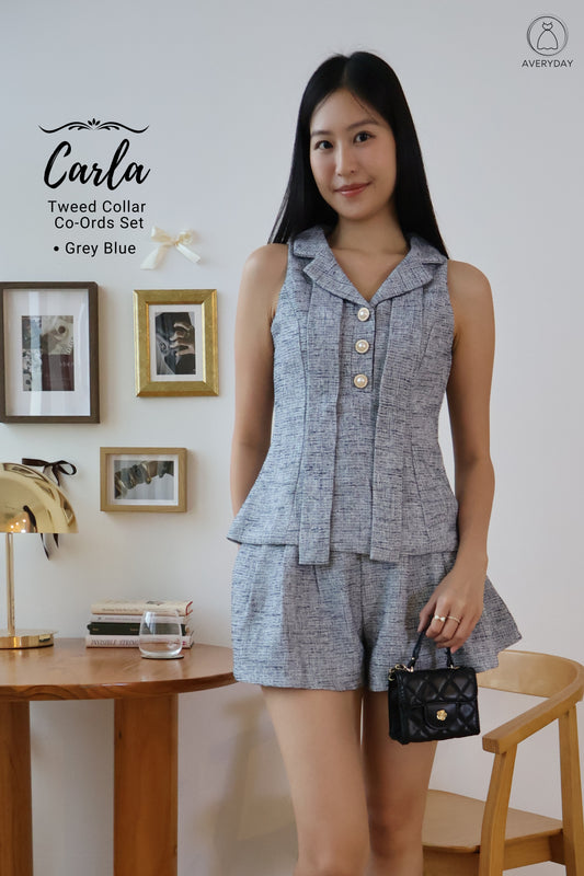 *Premium* Carla Tweed Collar Co-Ords Set In Grey Blue