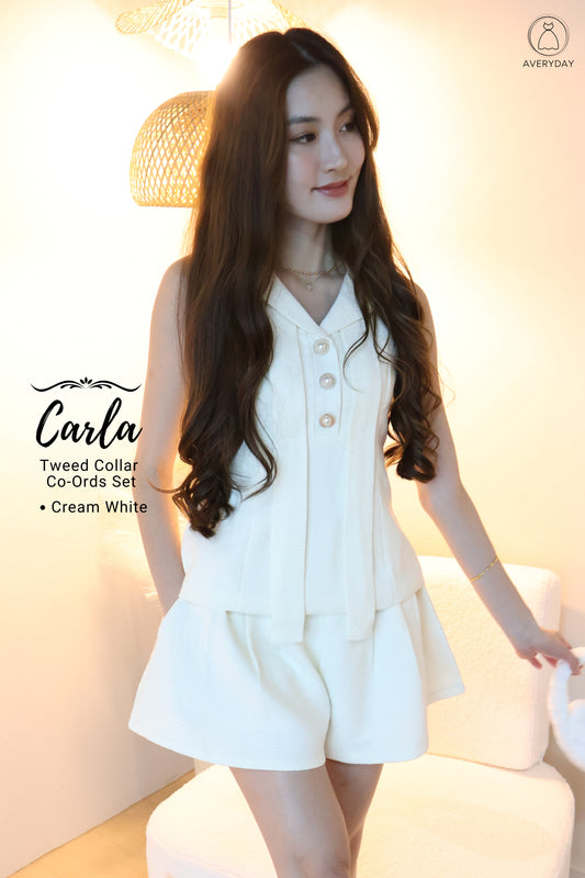 *Premium* Carla Tweed Collar Co-Ords Set In Cream White