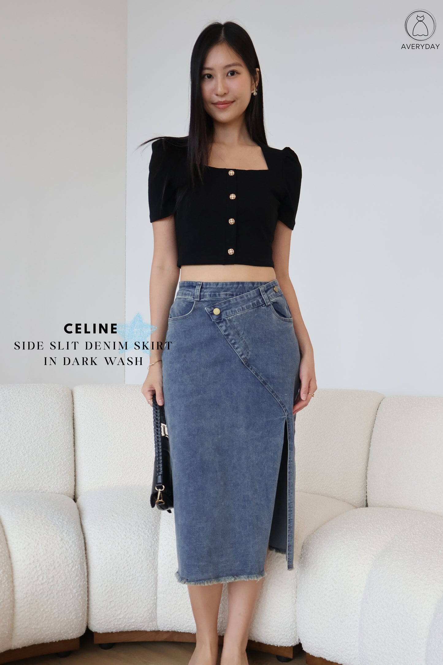 Celine Side Slit Denim Skirt In Dark Wash