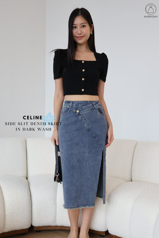 Celine Side Slit Denim Skirt In Dark Wash