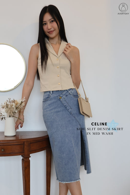 Celine Side Slit Denim Skirt In Mid Wash