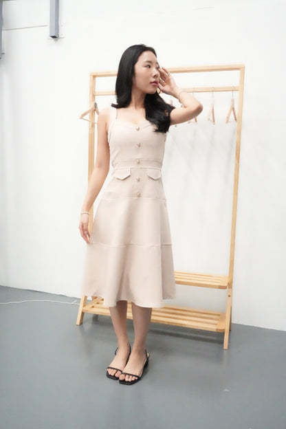 Lorey Button Work Dress in Beige