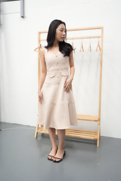 Lorey Button Work Dress in Beige