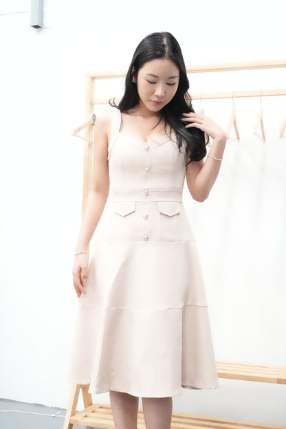 Lorey Button Work Dress in Beige