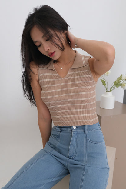 Amily Knit Stripe Collar Top in Mocha