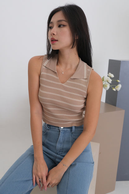 Amily Knit Stripe Collar Top in Mocha