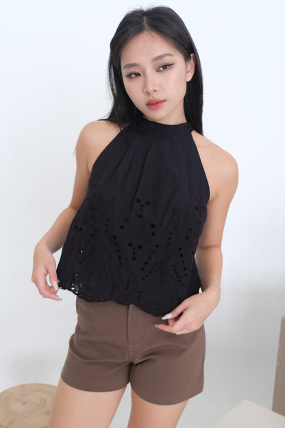 Luna Eyelet Halter Top in Black