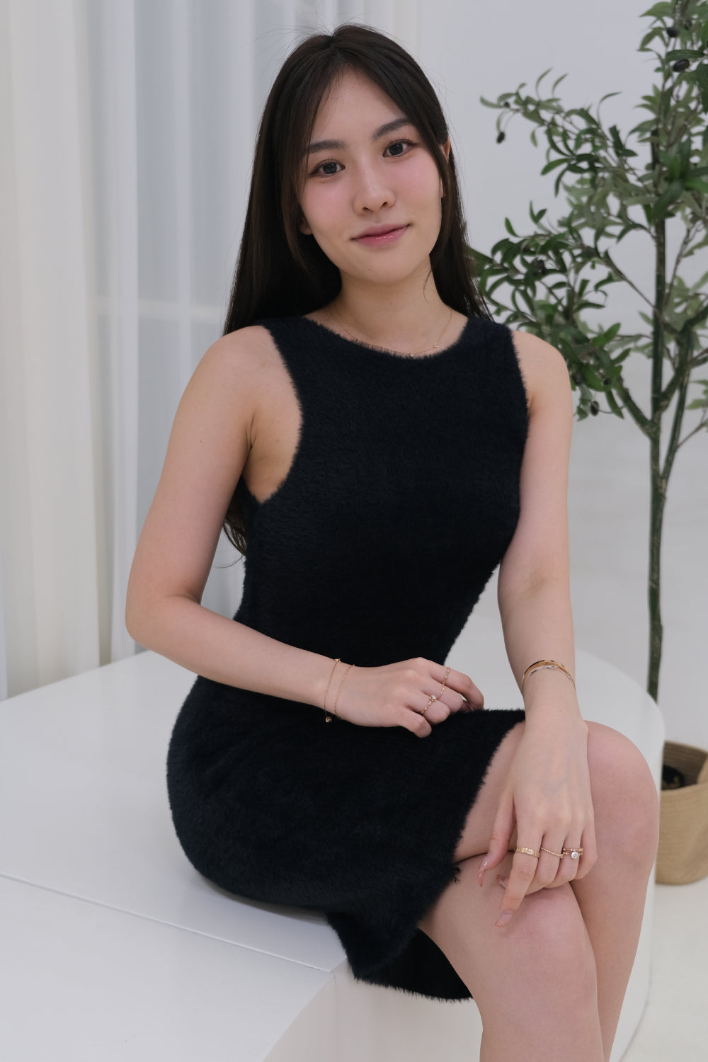 AVERYDAY Alyssa Furry Sleeveless Dress in Black