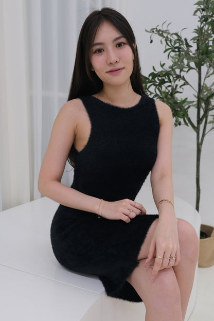 Alyssa Furry Sleeveless Dress in Black