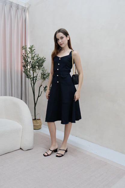 Lorey Button Work Dress in Navy