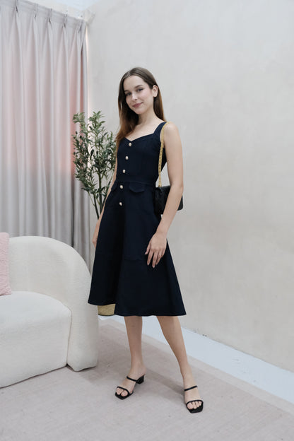 Lorey Button Work Dress in Navy