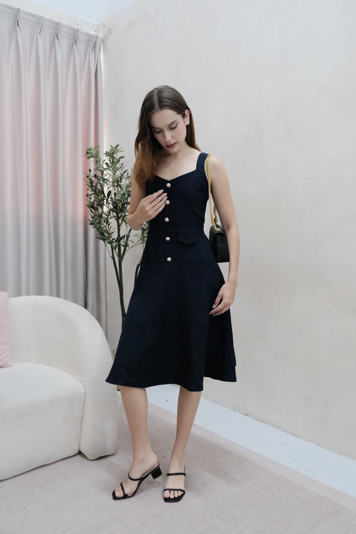 AVERYDAY Lorey Button Work Dress in Navy