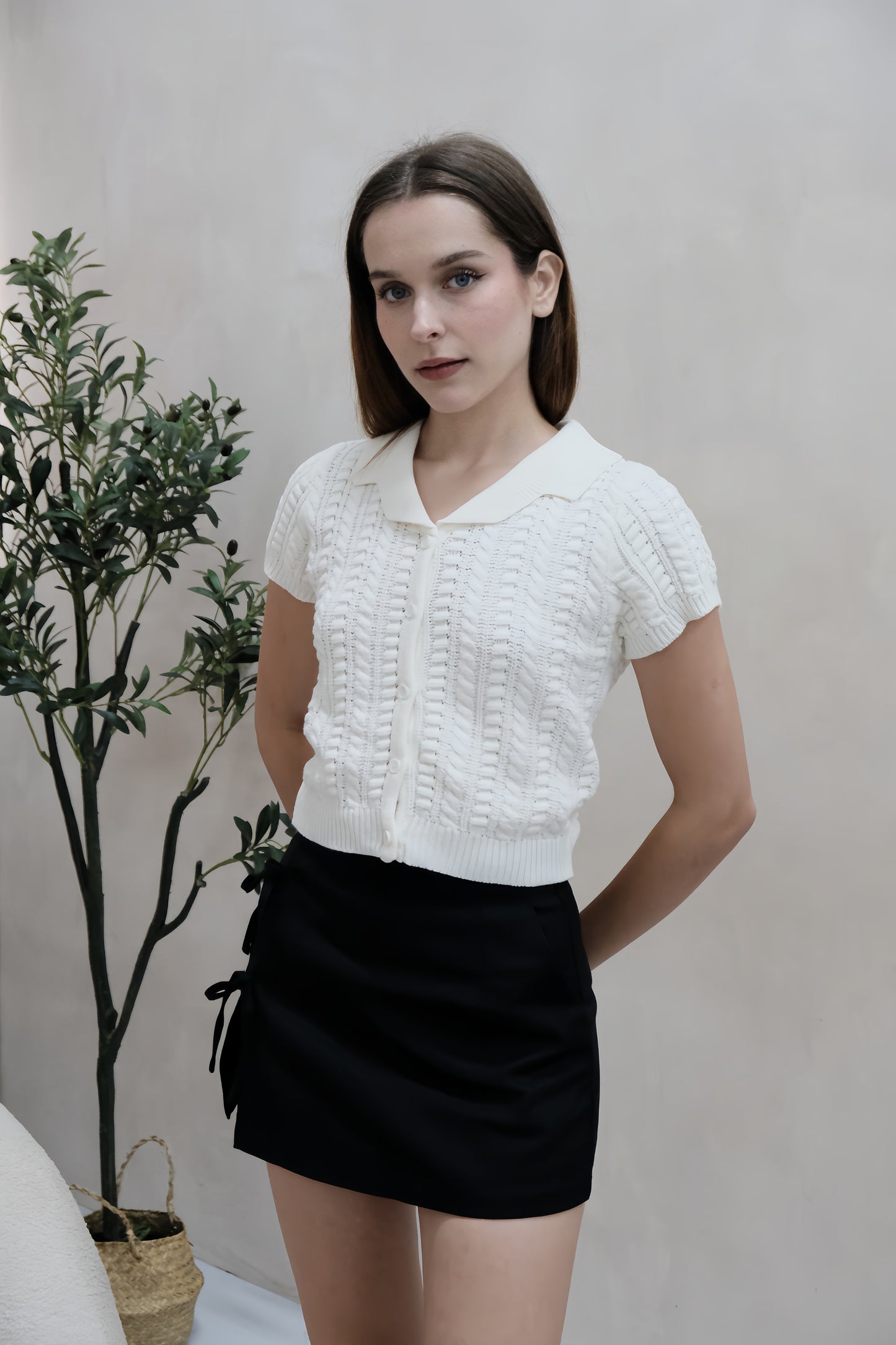 AVERYDAY Valene Button Collar Knit Top in White