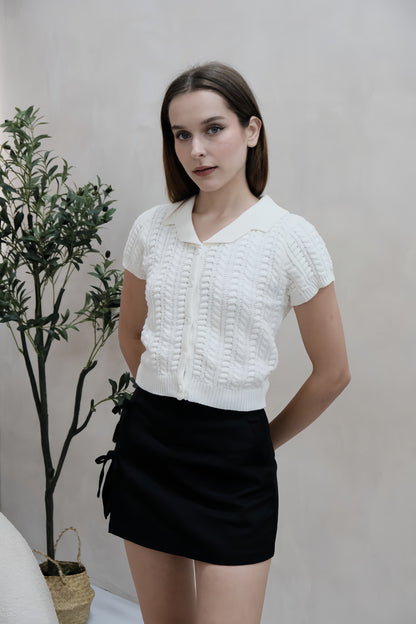 Valene Button Collar Knit Top in White