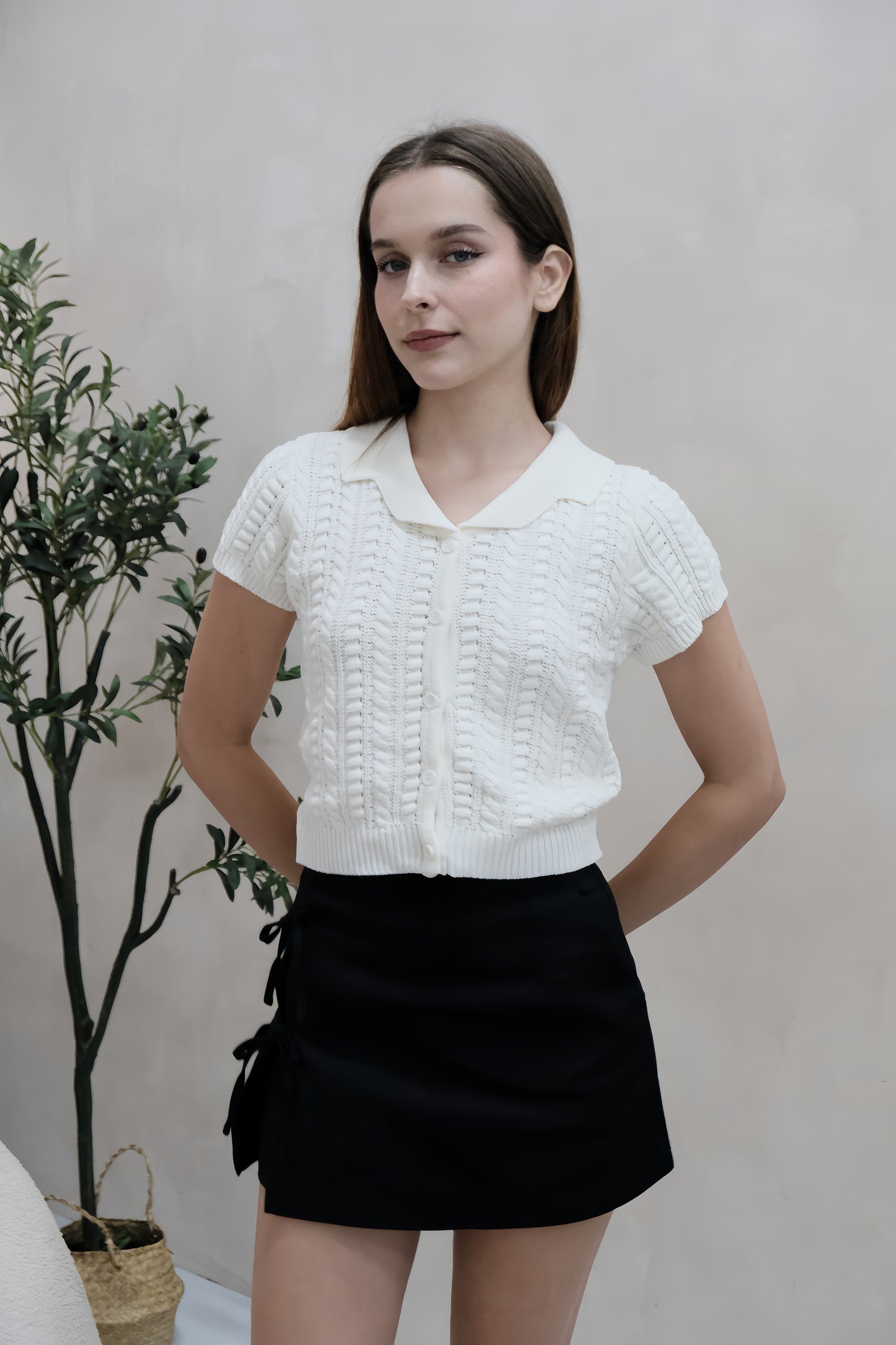 AVERYDAY Valene Button Collar Knit Top in White