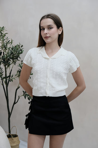 Valene Button Collar Knit Top in White