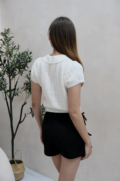 Valene Button Collar Knit Top in White