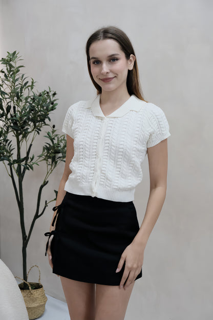 Valene Button Collar Knit Top in White