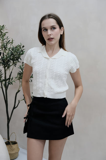 Valene Button Collar Knit Top in White